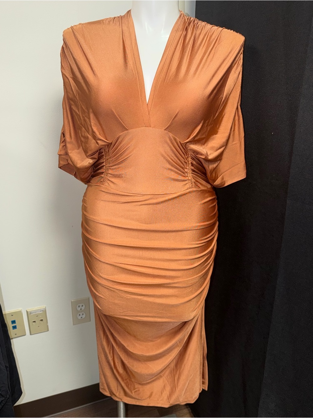 Fashion Nova Copper Midi Dress with V-Neck